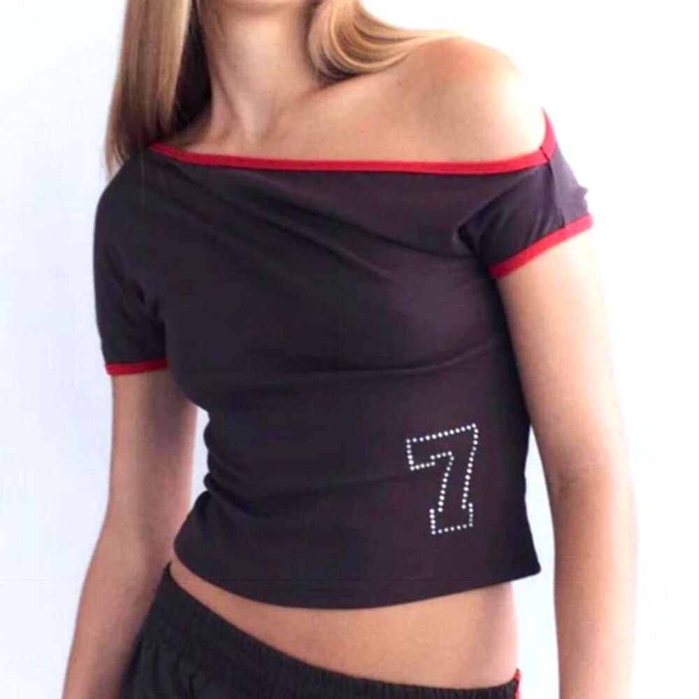With Jean Brown One Shoulder Lucky 7 Top Size S Rhinestone Orange Trim